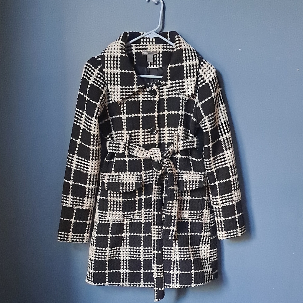 Y2K Black & White Plaid Belted Coat By Poetry, Size S